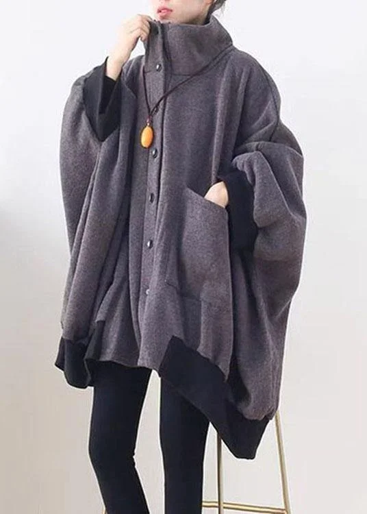 Stylish Dark Gray Pockets Button Knit asymmetrical design Fall Loose Sweatshirts Coat Hoodie with Tied Waist Feminine Flattering