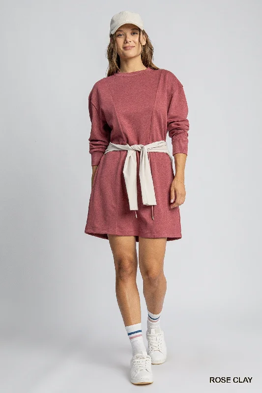 Umgee W Buttery Soft Sweatshirt Dress ROSE CLAY Hoodie with Tie-Dye Psychedelic Retro