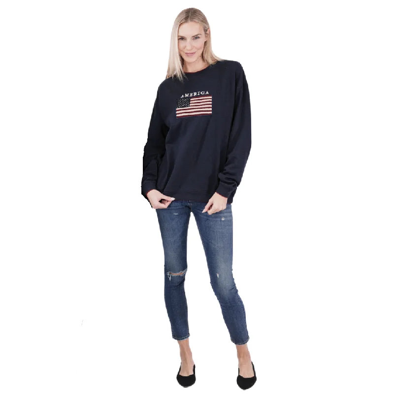 Unisex American Flag Embroidered Crewneck Sweatshirt Hoodie with Longline Fit Extended Stylish