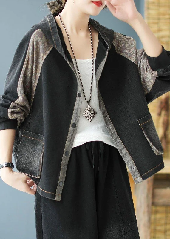 Women Black Print Patchwork Loose Fall Denim Hoodie Coat Hoodie with Raglan Sleeves Sporty Comfortable