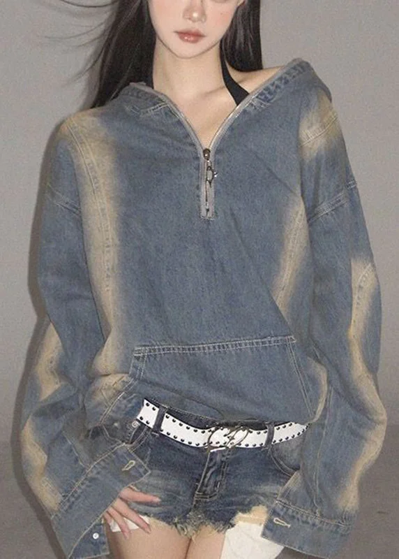 Women Denim Blue Zippered Patchwork Hoodie Coat Fall Hoodie with Back Slit Movement Comfort