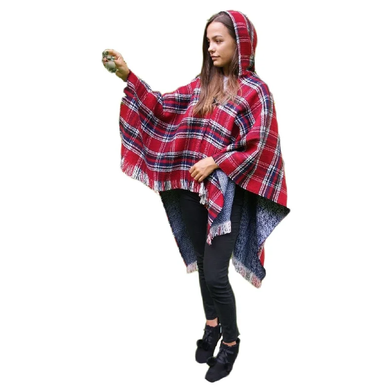 Ladies Hooded Tartan Poncho - Red Hoodie with Monochrome Minimalist Simple