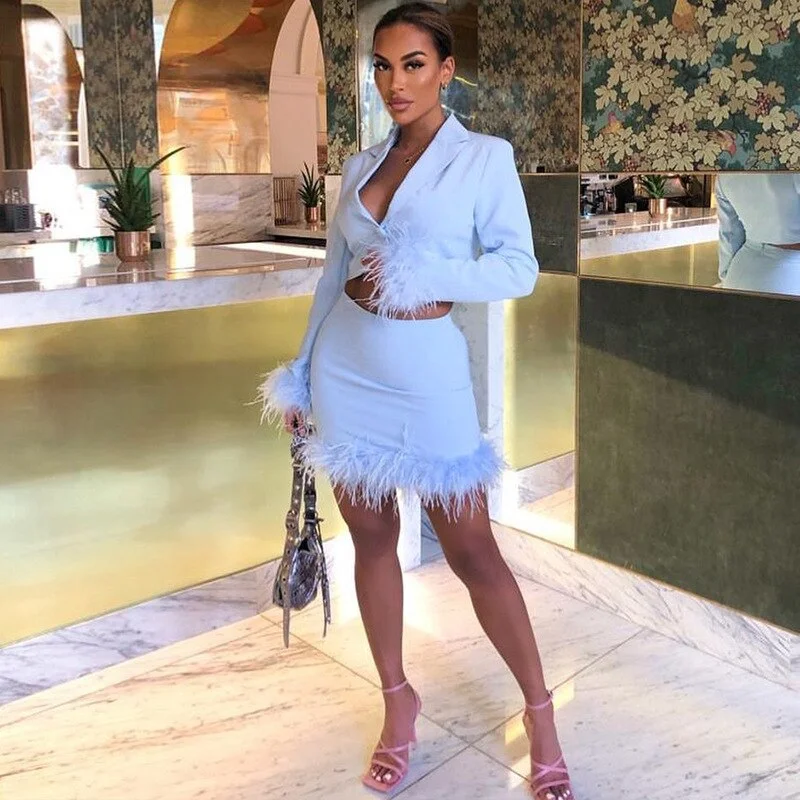 Blazer Suit Set Women 2023 Streetwear Burr Sleeve Blazer and Burr Feather Hem Bodycon Midi Skirt Two 2 Piece Set Outfits modal blend skirt Blazer Suit Set Women 2023 Streetwear Burr Sleeve Blazer and Burr Feather Hem Bodycon Midi Skirt Two 2 Piece Set Outfits modal blend skirt