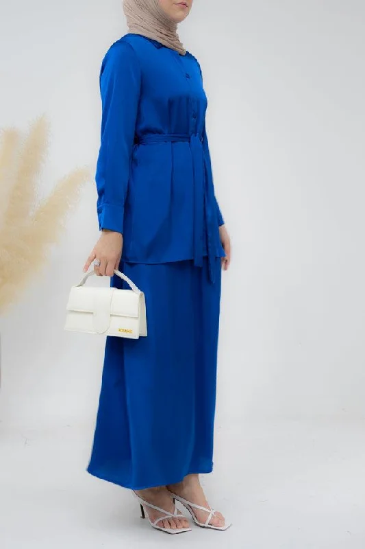 Royal Blue Blouse Skirt Modest set maxi skirt with elasticated waistband maxi sleeve buttoned shirt with a detachable belt corduroy skirt durable Royal Blue Blouse Skirt Modest set maxi skirt with elasticated waistband maxi sleeve buttoned shirt with a detachable belt corduroy skirt durable