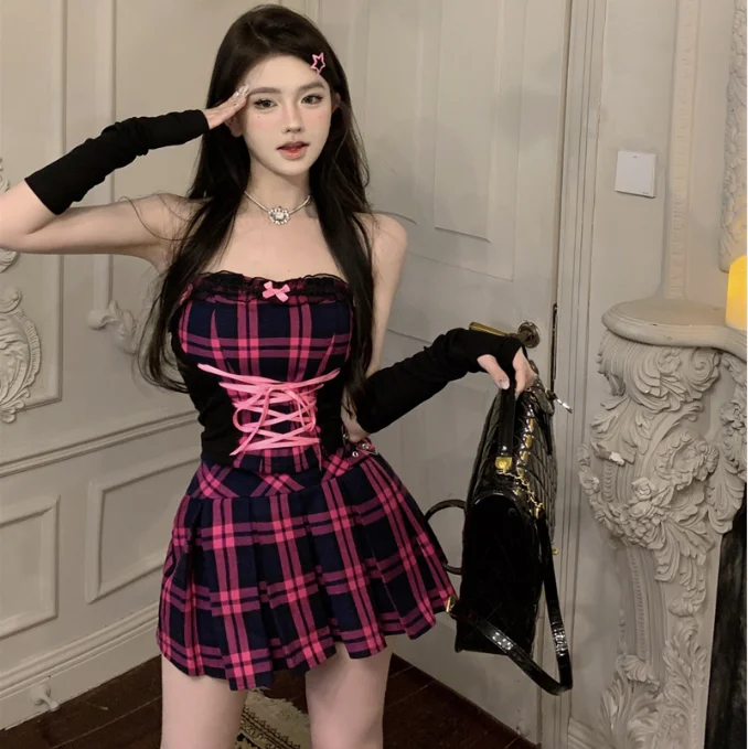 tube tops +skirt + sleeves suit KF83914 summer skirt style