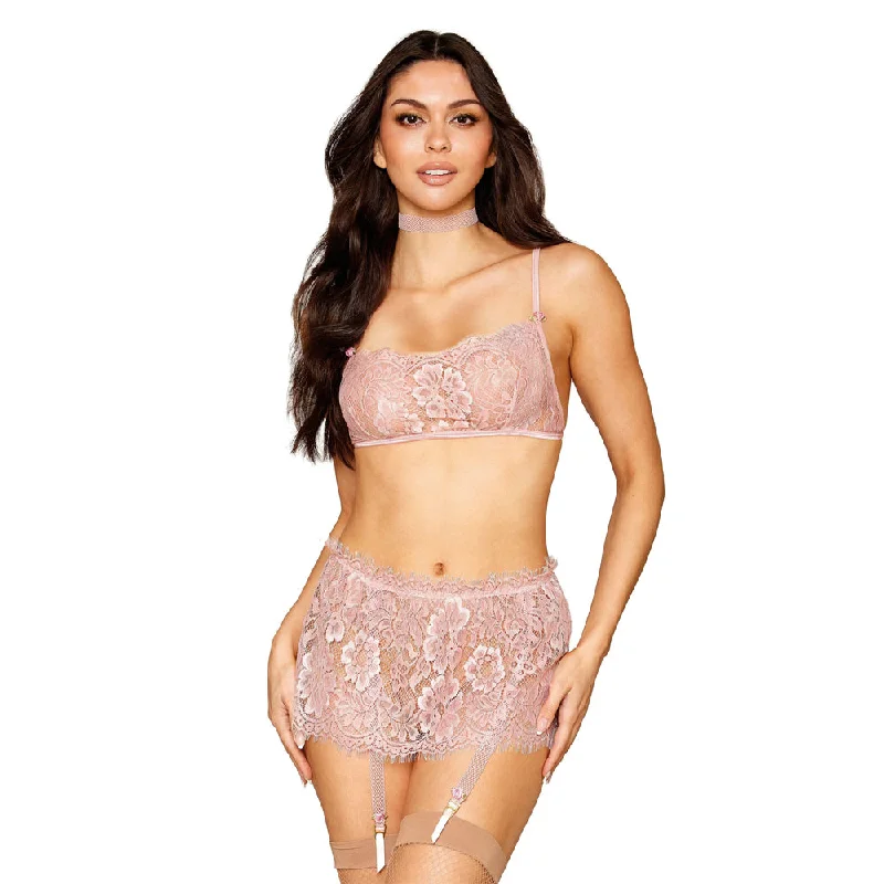 Dreamgirl Eyelash Lace Bralette Garter Skirt Choker Set Rosettes 13279 - Rose zip skirt side Dreamgirl Eyelash Lace Bralette Garter Skirt Choker Set Rosettes 13279 - Rose zip skirt side