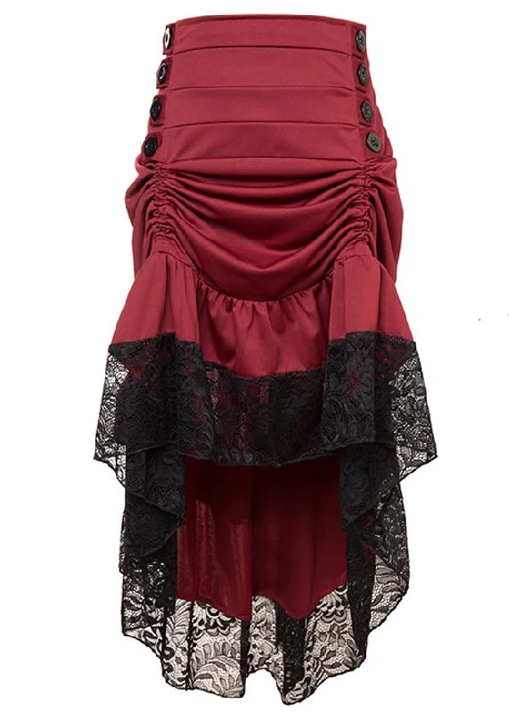 Gothic Victorian Red High Waist Lace Trim Good Elasticity Ruffled High-low Skirt velvet skirt luxury Gothic Victorian Red High Waist Lace Trim Good Elasticity Ruffled High-low Skirt velvet skirt luxury