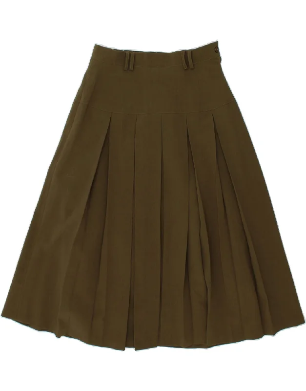 VINTAGE Womens High Waist Knife Pleated Skirt UK 14 Large W32 Khaki button skirt front VINTAGE Womens High Waist Knife Pleated Skirt UK 14 Large W32 Khaki button skirt front