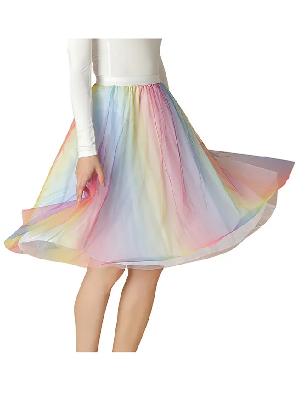 Women Mesh A-line Tulle Skirt Fairy Pleated Colorful Gradient Midi Skirt lace skirt intricate Women Mesh A-line Tulle Skirt Fairy Pleated Colorful Gradient Midi Skirt lace skirt intricate