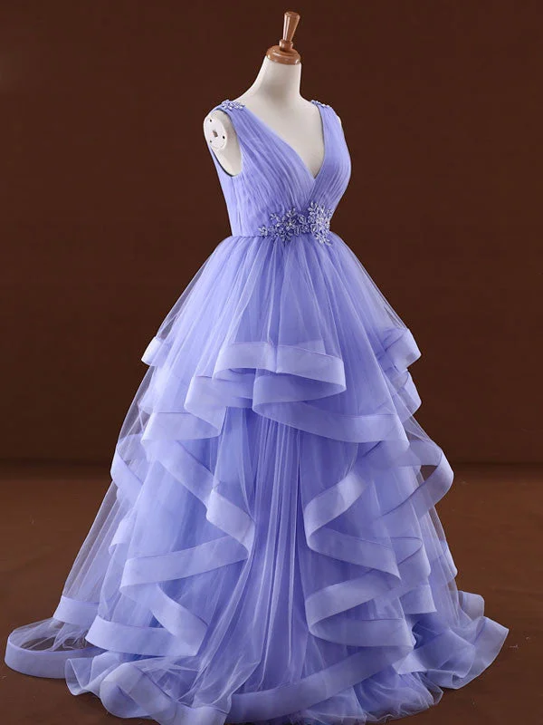 Blue V Neck Formal Prom Dress with Ruffle Skirt RS201605 low waist skirt