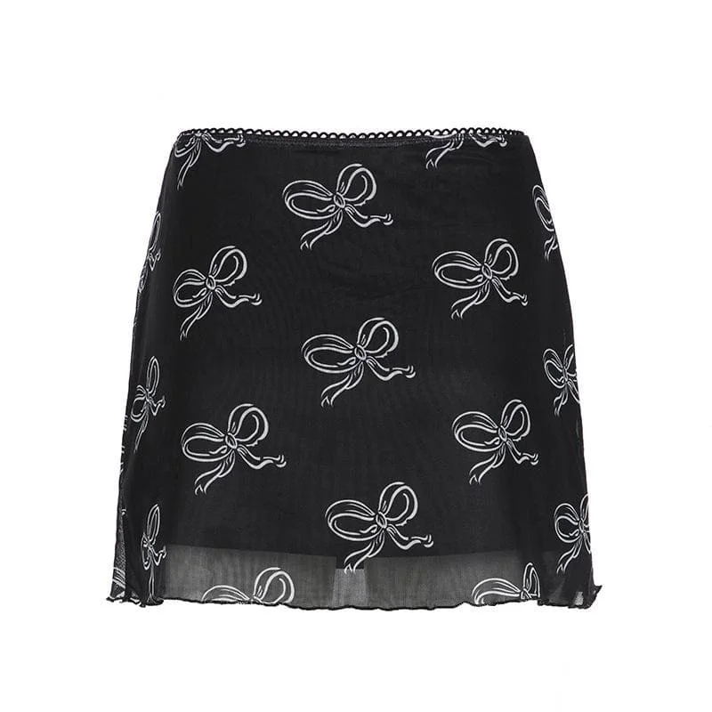 Bowknot print mesh mini skirt slim fit skirt