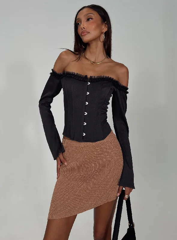 Bronwen Asymmetrical Mini Skirt Brown satin skirt smooth