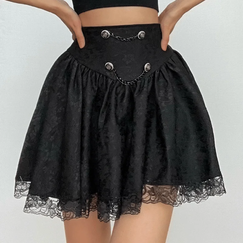 Button lace hem solid zip-up ruched mini skirt pleated skirt texture