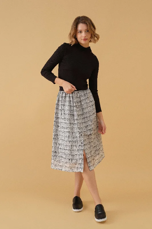 Buttoned Midi Skirt - Black & White Print linen skirt natural