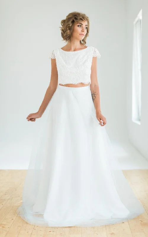 Crop Top Two Piece Wedding With Lace Top And Flowing Blue Skirt Dress-712301 wool skirt breathable