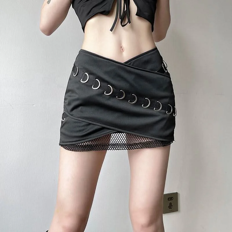 Cross front fishnet patchwork mini skirt velvet skirt sumptuous