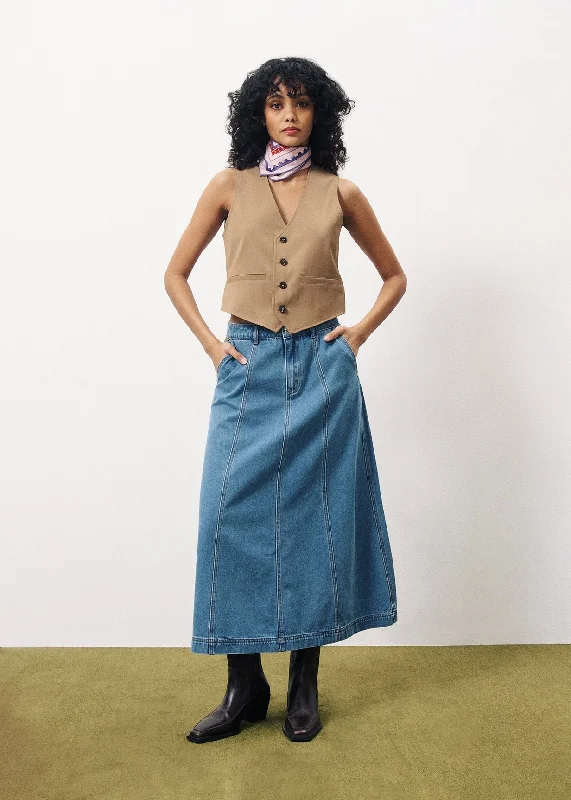 Denim Skirt Chc-24045 Ermeline Bleu-Jean patchwork skirt art