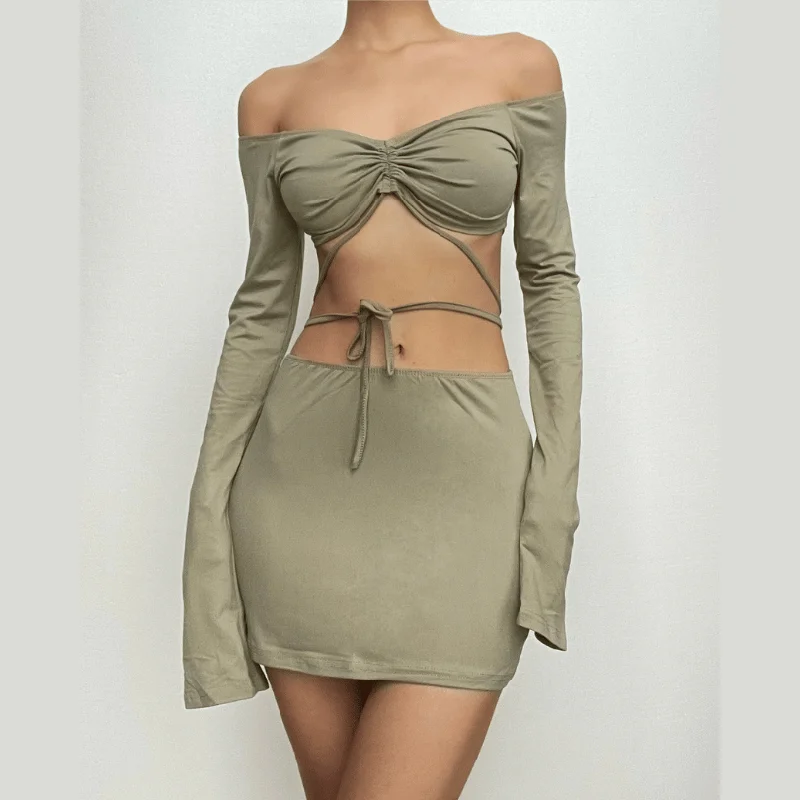 Drawstring off shoulder long sleeve solid mini skirt set leather skirt durable