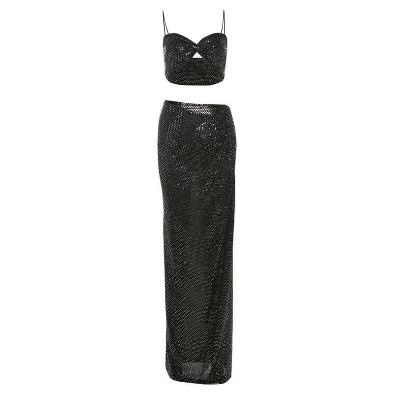 Glitter ruched slit cami maxi skirt set velvet skirt luxurious