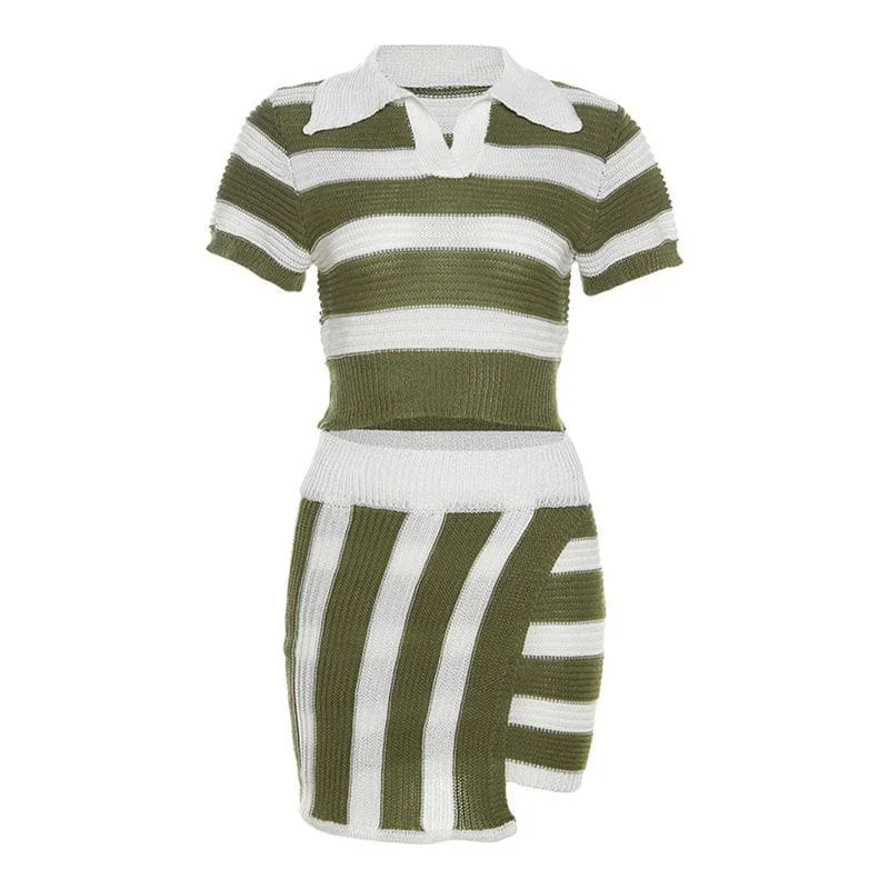 Irregular turnover collar short sleeve striped knitted mini skirt set linen skirt breathable