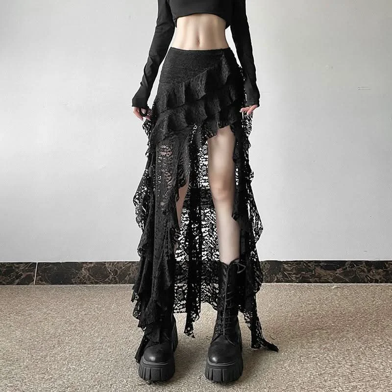 Lace ruffle solid irregular maxi skirt velvet skirt luxurious