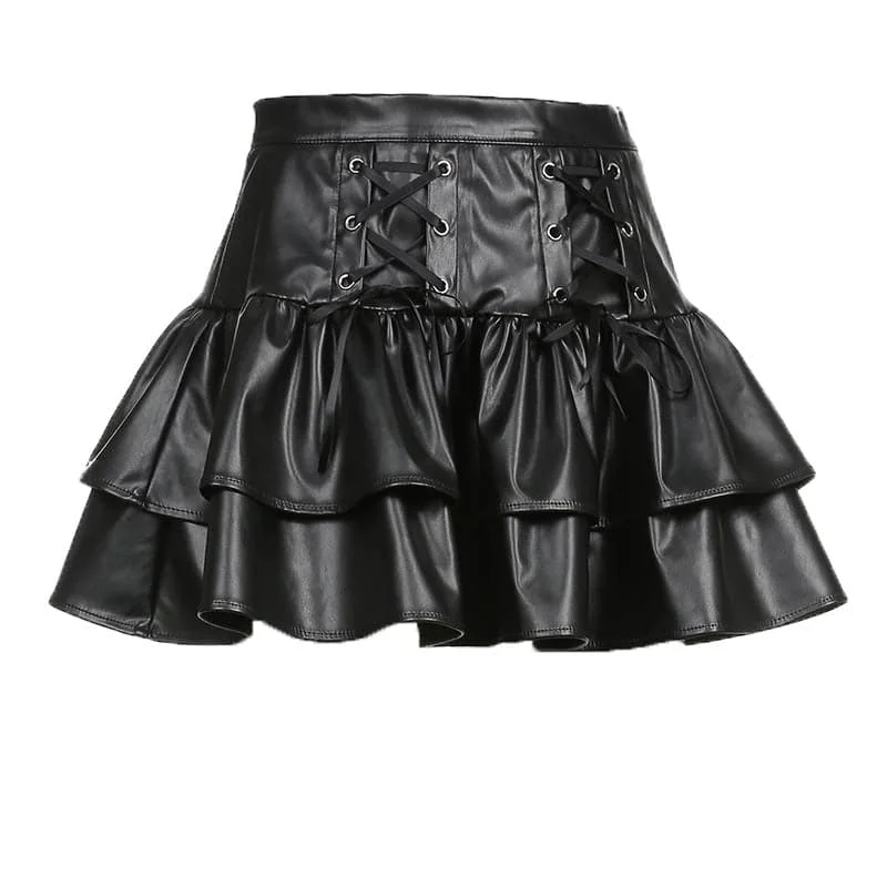 Lace up PU leather ruffle zip-up A line mini skirt lace skirt delicate