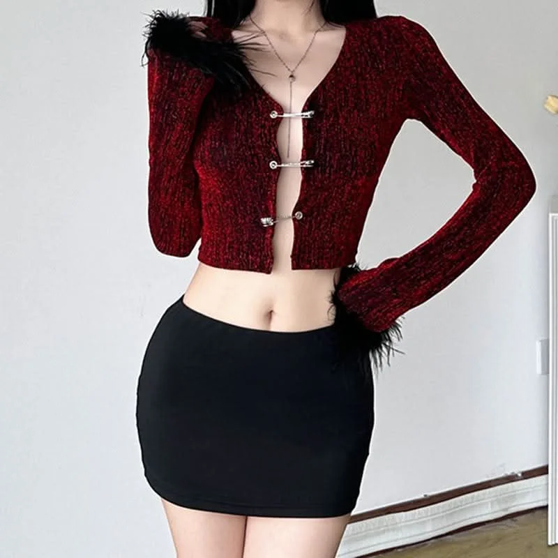 Long sleeve fluffy button zip-up crop mini skirt set slim fit skirt