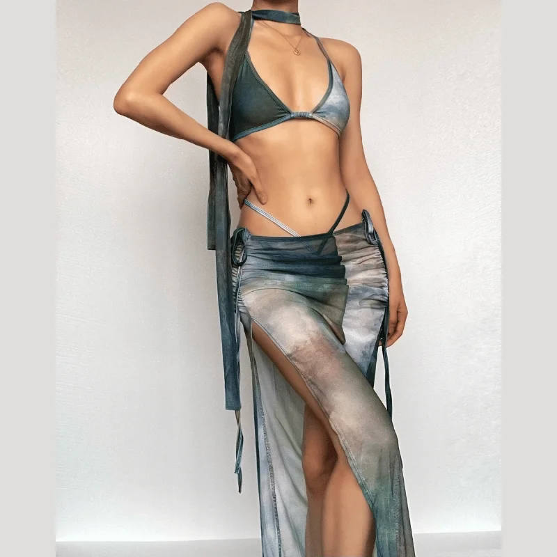 Mesh tie dye halter self tie backless ruched slit maxi skirt set velvet skirt luxury