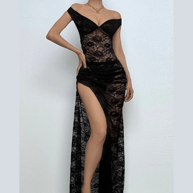 Off shoulder lace backless see through maxi skirt set velvet skirt glossy