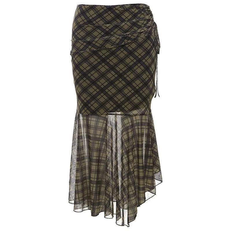 Plaid ruched drawstring mesh irregular midi skirt midi skirt versatile