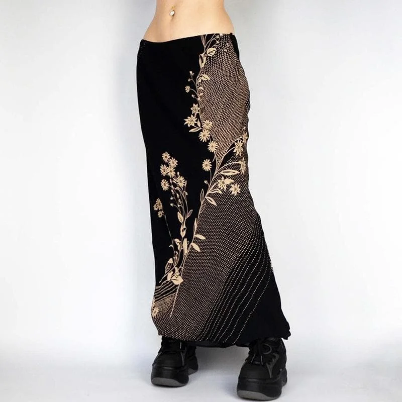 Polka dot flower print contrast maxi skirt pleated skirt texture