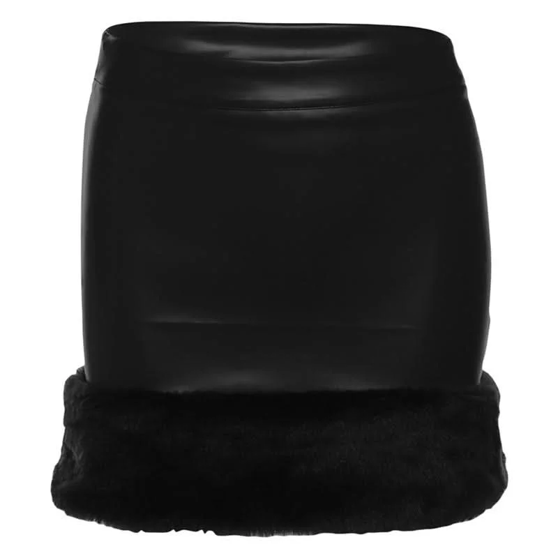 PU leather fluffy patchwork zip-up mini skirt silk skirt smooth