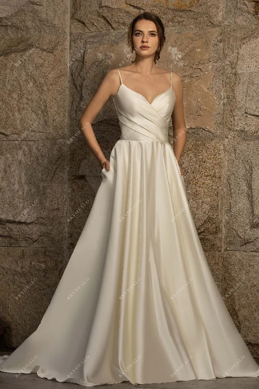 Satin Bridal Gown with Pleated Spaghetti Strap and Ball Gown Skirt wrap skirt elegant