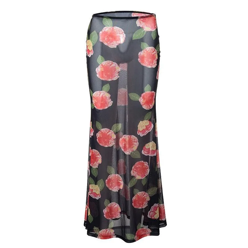 Sheer mesh flower print contrast maxi skirt denim skirt casual