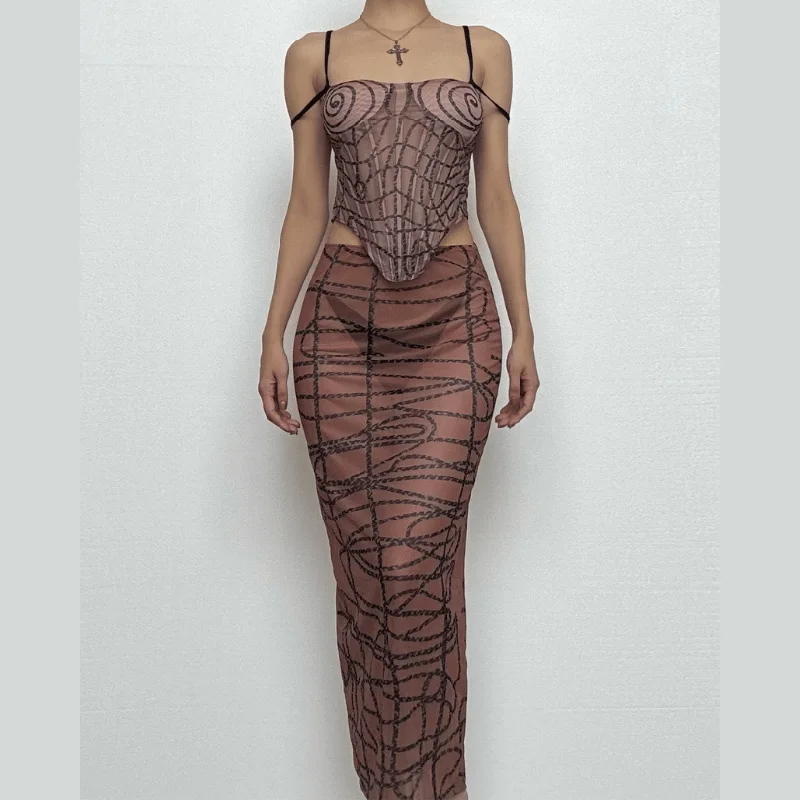 Sheer mesh striped print self tie cami midi skirt set maxi skirt elegant