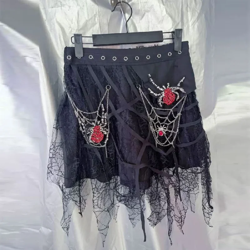 Spider web pattern metal chain mesh mini skirt denim skirt stylish