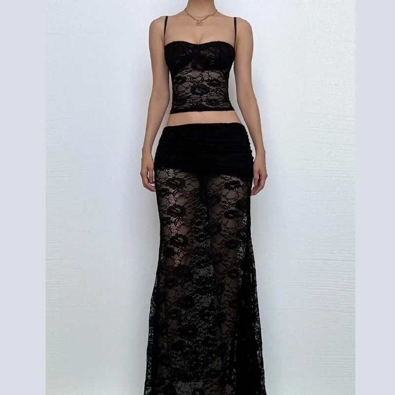 Sweetheart neck ruffle lace see through cami maxi skirt set summer skirt style