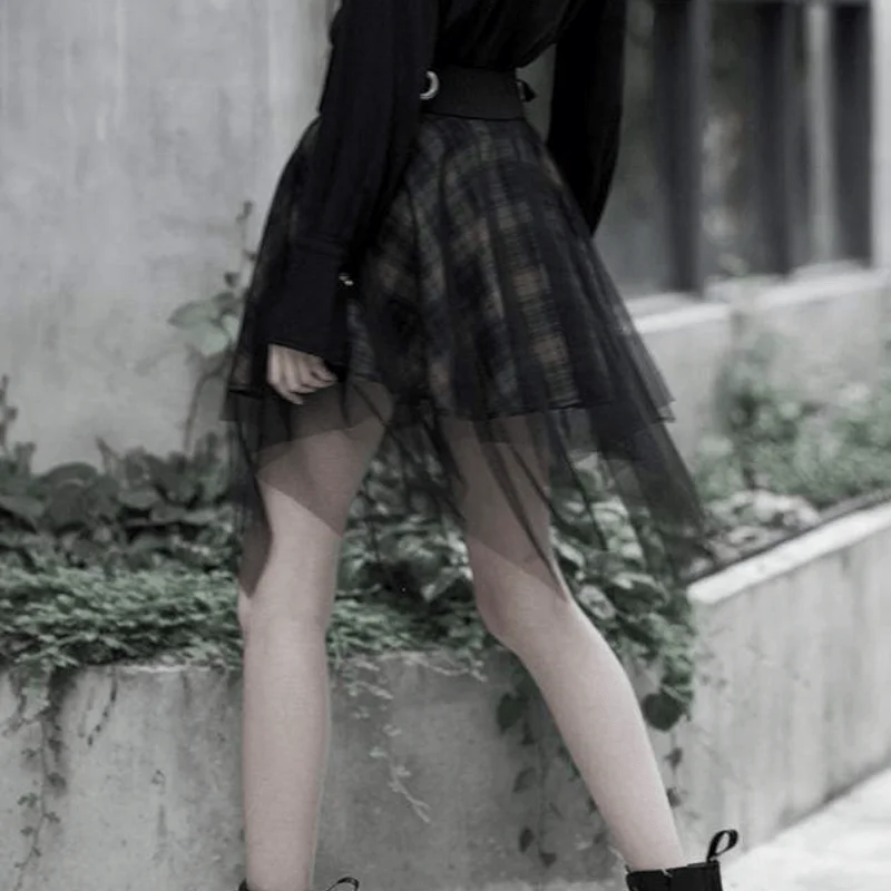 Women's Goth High-waisted Multi-layered Plaid Mesh Skirts wool skirt warm