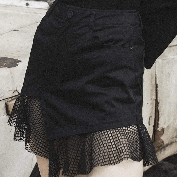 Women's Goth Mesh Ruffles Black Mini Skirt leather skirt modern