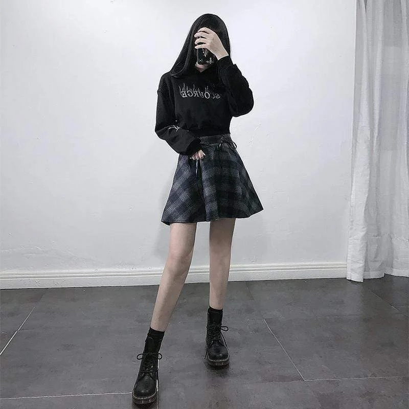 Women's High-waisted Lace-up Plaid Skirts zip skirt side